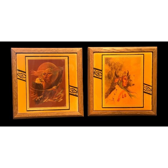 Set Of 2 Framed Fiesta Tiles By Mary Selfridge 1991 7"x7" Acrylic Resin Coated A - Picture 1 of 6